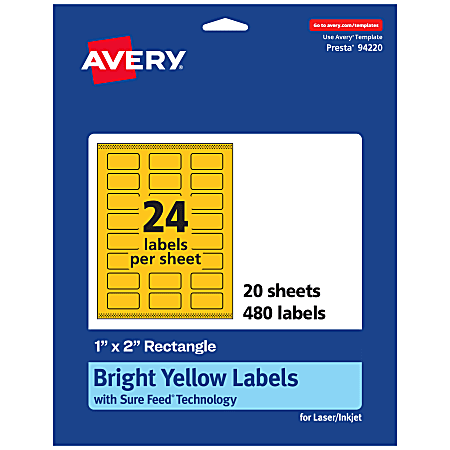 Avery® Print-To-The-Edge Labels With Sure Feed® Technology And Easy Peel®, 94220-BYP20, Rectangle, 1" x 2", Matte Bright Yellow, Pack of 480