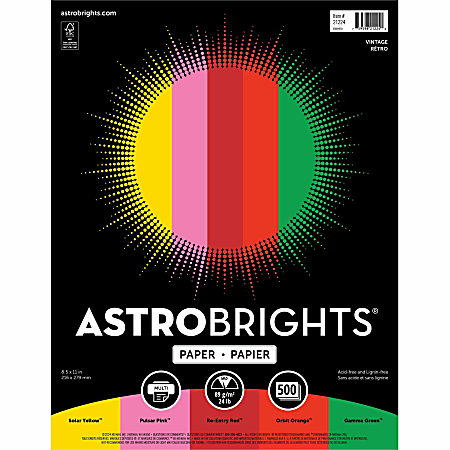 Astrobrights® Color Multi-Use Printer & Copy Paper, 1 Ream, Vintage Assortment, Letter (8.5" x 11"), 500 Sheets Per Ream, 24 Lb, 94 Brightness