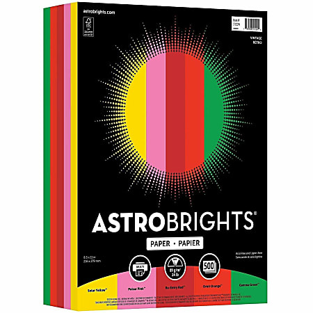 Astrobrights® Color Multi-Use Printer & Copy Paper, 1 Ream, Vintage Assortment, Letter (8.5" x 11"), 500 Sheets Per Ream, 24 Lb, 94 Brightness