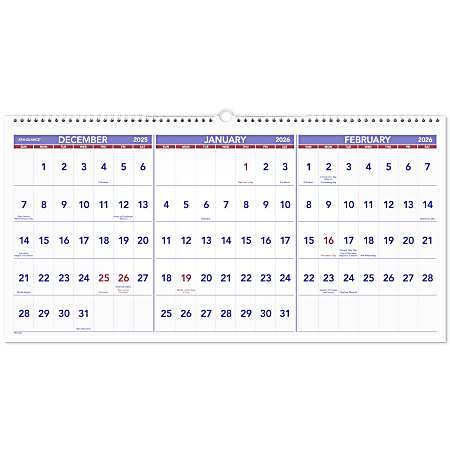 AT-A-GLANCE® 2026 Three Month Reference Horizontal Wall Calendar, Large, 12" x 27"