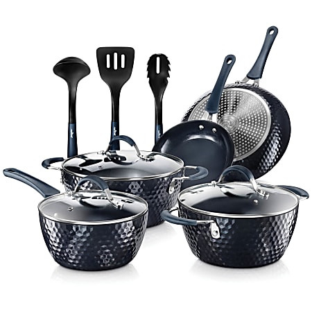 NutriChef Diamond Home Kitchen Cookware Set (Dark Blue) - 11 Pieces - Cooking, Frying, Sauce - 1.70 quart - 2nd Saucepan 3rd Saucepan - 8" Frying Pan - 11" 2nd Frying Pan - 3.60 quart Dutch Oven Griddle - Blue, Dark Blue