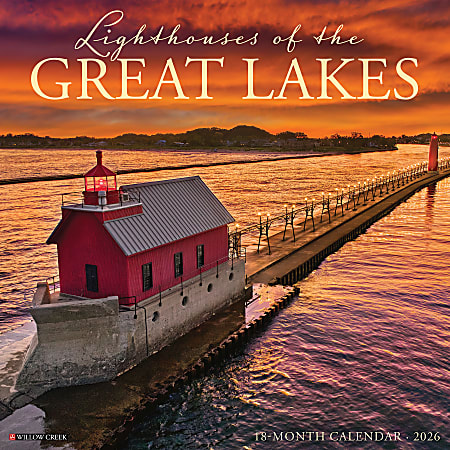 2026 Willow Creek Press Scenic Monthly Wall Calendar, 12" x 12", Lighthouses of the Great Lakes, January To December, 51795