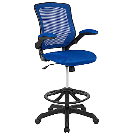 Flash Furniture Mid Back Mesh Ergonomic Drafting Chair with Adjustable Foot Ring and Flip Up Arms Blue Office Depot