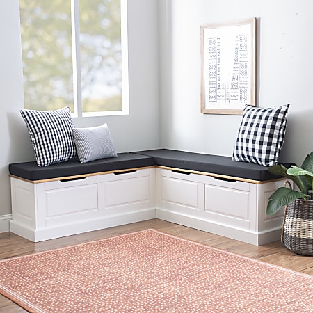 Linon Manning Corner Storage Nook Bench 18 1 5 H x 62 2 5 W x 16 1 2 D White Natural Black Cushions