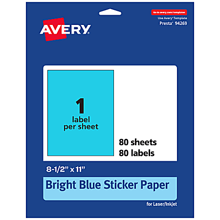 Avery® Printable Sticker Paper, 94269-BBP80, Rectangle, 8-1/2" x 11", Matte Bright Blue, Pack of 80