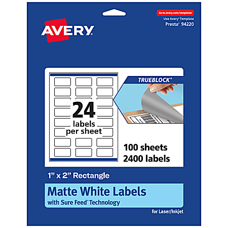 Avery® Print-To-The-Edge TrueBlock® Labels With Sure Feed®, 94220-TWMP100, Rectangle, 1" x 2", Matte White, Pack Of 2400