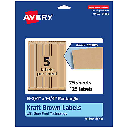 Avery® Kraft Permanent Labels With Sure Feed®, 94262-KMP25, Rectangle, 9-3/4" x 1-1/4", Brown, Pack Of 125