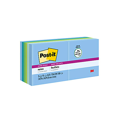 Post-it Recycled Super Sticky Notes, 3 in. x 3 in., 12 Pads, 90 Sheets/Pad, 2x the Sticking Power, Oasis Collection, Recycled