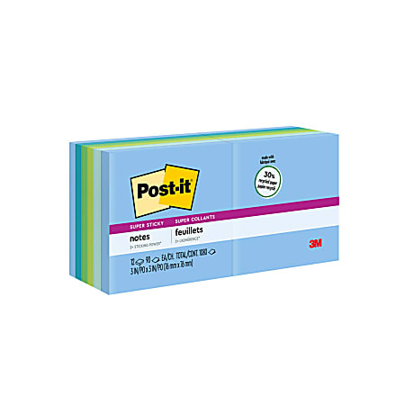 Post-it® Recycled Super Sticky Notes, 12 Pads, 3 in x 3 in, 2x the Sticking Power, School Supplies and Office Products, Sticky Notes  - 65412SST