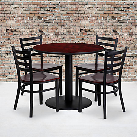 Flash Furniture Round Laminate Table Set With 4 Ladder-Back Metal Chairs, 30"H x 36"W x 36"D, Mahogany