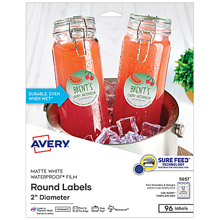 Avery® Printable Waterproof Labels with Sure Feed®, Round, 2" diameter, Matte White, Pack Of 96