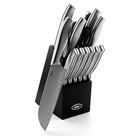 Oster Edgefield 14-Piece Stainless-Steel Cutlery Knife Set With Knife Block, Silver/Black