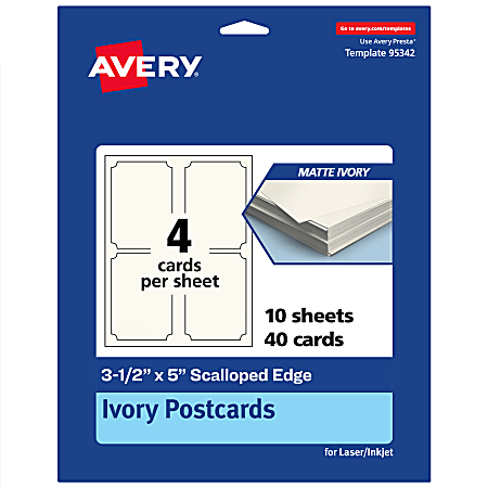 Avery® Printable Postcards, 3-1/2" x 5" Rectangle Scalloped Edge, Matte Ivory, Pack Of 40
