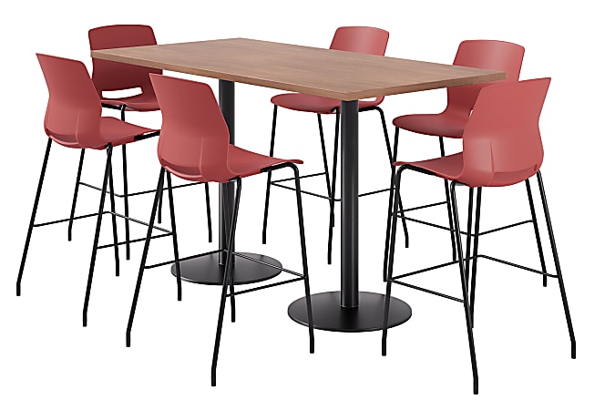 KFI Studios Proof Bistro Rectangle Pedestal Table With 6 Imme Barstools, 43-1/2"H x 72"W x 36"D, River Cherry/Black/Coral Stools