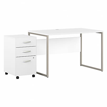 Bush® Business Furniture Hybrid 48"W x 30"D Computer Table Desk With 3-Drawer Mobile File Cabinet, White, Standard Delivery