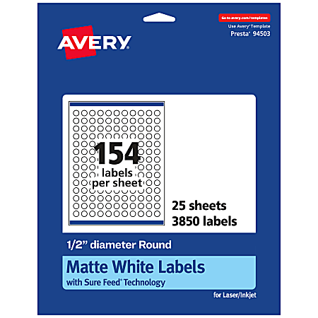 Avery® Permanent Labels With Sure Feed®, 94503-WMP25, Round, 1/2" Diameter, White, Pack Of 3,850