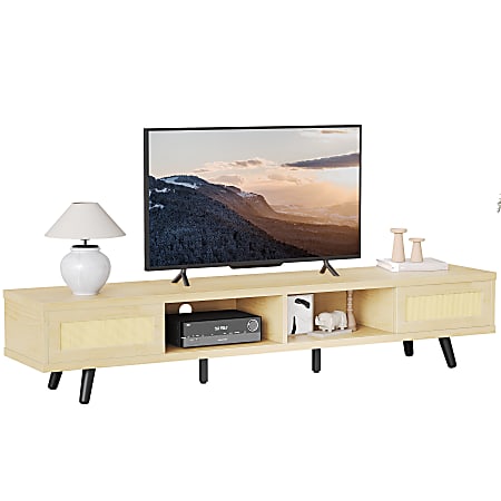 Bestier TV Stand with Rattan Sliding Doors,16”H x 70-1/8”W x 15-9/16”D, White Maple/Oak