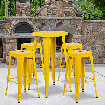 Flash Furniture Commercial-Grade Round Metal Indoor/Outdoor Bar Table Set With 4 Square Backless Stools, 41"H x 24"W x 24"D, Yellow