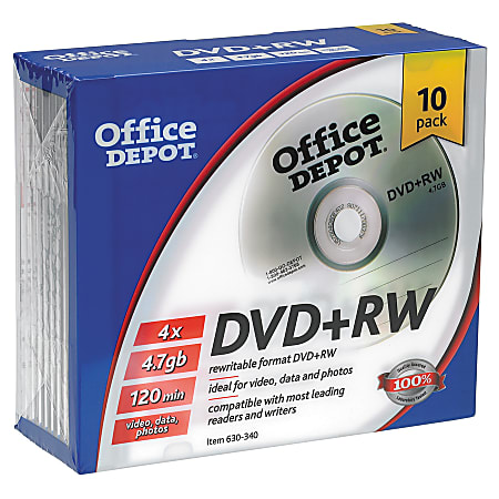 Office Depot® Brand DVD+RW Rewritable Media With Slim Jewel Cases, 4.7GB/120 Minutes, Pack Of 10