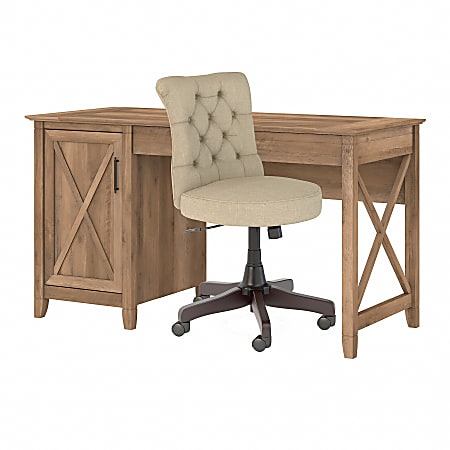 Bush Furniture Key West 54"W Computer Desk With Storage And Mid-Back Tufted Office Chair, Reclaimed Pine, Standard Delivery