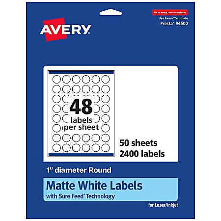 Avery® Permanent Labels With Sure Feed®, 94500-WMP50, Round, 1" Diameter, White, Pack Of 2,400