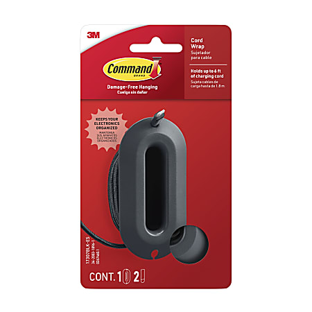 Command&trade; Cord Wrap, 1 Black Cord Organizer, 2 Medium Strips, Holds 6 ft of Cord Storage, Great for Damage-Free Desk Organization with Electronics