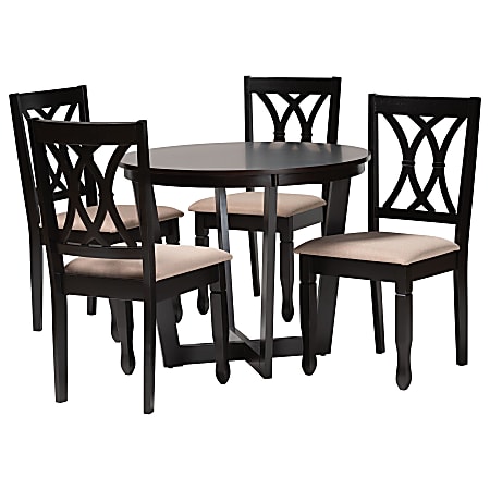 Baxton Studio Aggie Fabric And Finished Wood 5-Piece Dining Set, 29-15/16”H x 35-7/16”W x 35-7/16”D, Sand/Dark Brown