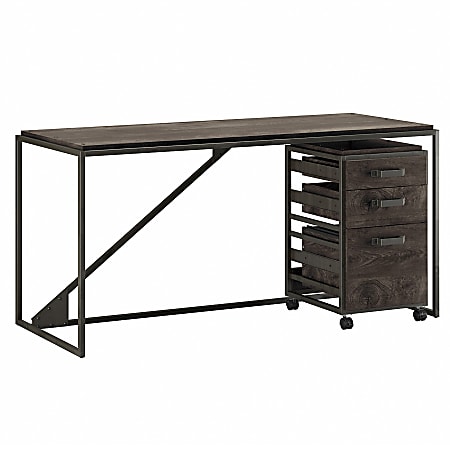 Bush Furniture Refinery 62"W Industrial Desk With 3-Drawer Mobile File Cabinet, Dark Gray Hickory, Standard Delivery