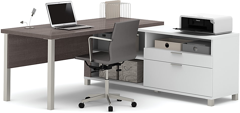 Bestar Pro-Linea 72"W L-Shaped Corner Desk With Metal Legs, Bark Gray