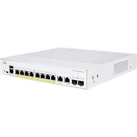 Cisco 250 CBS250-8FP-E-2G Ethernet Switch - 8 Ports - Manageable - 2 Layer Supported - Modular - 2 SFP Slots - 147.48 W Power Consumption - 120 W PoE Budget - Optical Fiber, Twisted Pair - PoE Ports - Rack-mountable - Lifetime Limited Warranty
