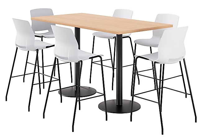 KFI Studios Proof Bistro Rectangle Pedestal Table With 6 Imme Barstools, 43-1/2"H x 72"W x 36"D, Maple/Black/White Stools