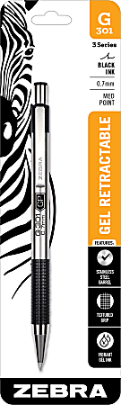 Zebra® Pen G-301® Retractable Gel Pens, Medium Point, 0.7 mm, Silver Barrel, Black Ink