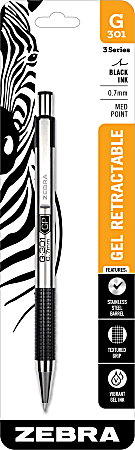 Zebra® G-301® Gel Ink Retractable Pens, Medium Point, 0.7 mm, Stainless Steel Barrel, Black Ink