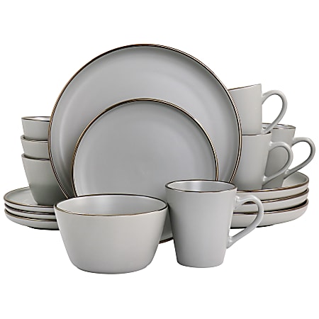 Elama Louis 16-Piece Stoneware Dinnerware Set, Matte Slate/Gold