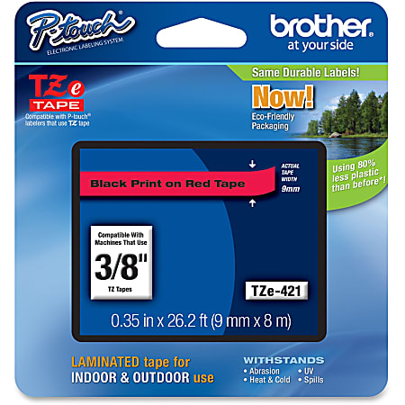 Brother P-touch TZe421, Laminated, 3/8" x 26.2 ft (9mm x 8m), Black on Red Label Tape