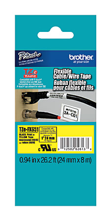 Brother® TZe FX651 Flexible Label Maker Tape, 1" x 26.2', Black Print/Yellow Label
