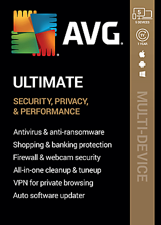 AVG Ultimate Software, For 5 Devices, 1-Year Subscription, For PC/Mac®, Disc