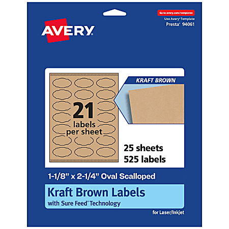 Avery® Kraft Permanent Labels With Sure Feed®, 94061-KMP25, Oval Scalloped, 1-1/8" x 2-1/4", Brown, Pack Of 525