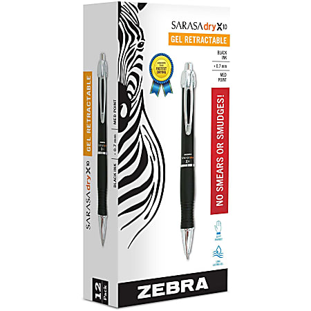 Zebra® GR8 Gel-Ink Retractable Rollerball Pens, Medium Point, 0.7 mm, Black Barrel, Black Ink, Pack Of 12