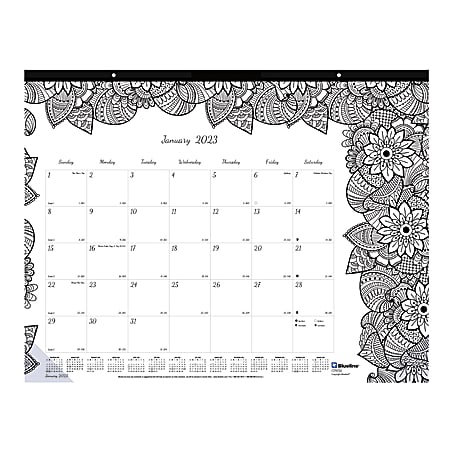 Blueline® DoodlePlan Monthly Desk Pad Calendar, 22" x 17", Black/White, January To December 2023, C2917311
