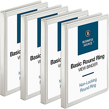 Business Source RounD-Ring View Binder, 1/2" Ring, 8 1/2" x 11", White, Pack Of 4