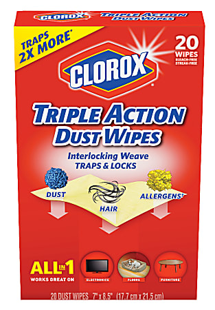 Clorox Triple Action Dust Wipes, Unscented, 4" x 7", White, Pack Of 20