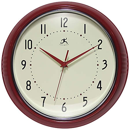 Infinity Instruments Round Retro Wall Clock, 12”, Red