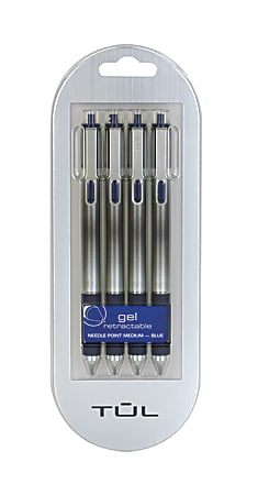 TUL® GL Series Retractable Gel Pens, Fine Point, 0.5 mm, Silver Barrel, Blue Ink, Pack Of 4 Pens