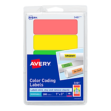 Avery® Self-Adhesive Removable Print Or Write Color Coding Labels, 5481, Rectangle, 1" x 3", Assorted (Green, Orange, Red, Yellow), Pack Of 200