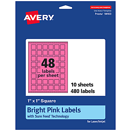 Avery® Print-To-The-Edge Labels With Sure Feed® Technology And Easy Peel® Label Feature, 94103-BPP10, Square, 1" x 1", Matte Bright Pink, Pack of 480