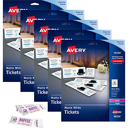 Avery® Blank Tickets with Tear-Away Stubs - 1 3/4" Width x 5 1/2" Length - Laser, Inkjet - Matte White - 20 / Sheet - 1000 / Carton