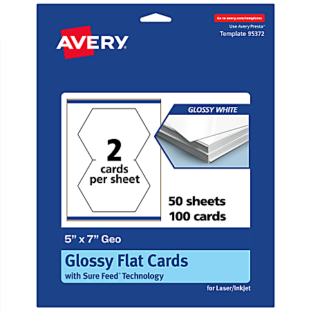 Avery® Printable Flat Cards With Sure Feed® Technology, 5"x7" Geo, Glossy White, Pack Of 100