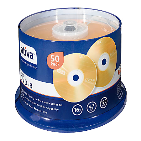 Ativa® DVD-R Recordable Media Spindle, 4.7GB/120 Minutes, Gold, Pack Of 50
