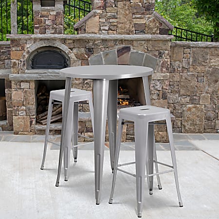 Flash Furniture Commercial-Grade Round Metal Indoor/Outdoor Bar Table Set With 2 Square-Seat Backless Stools, Silver